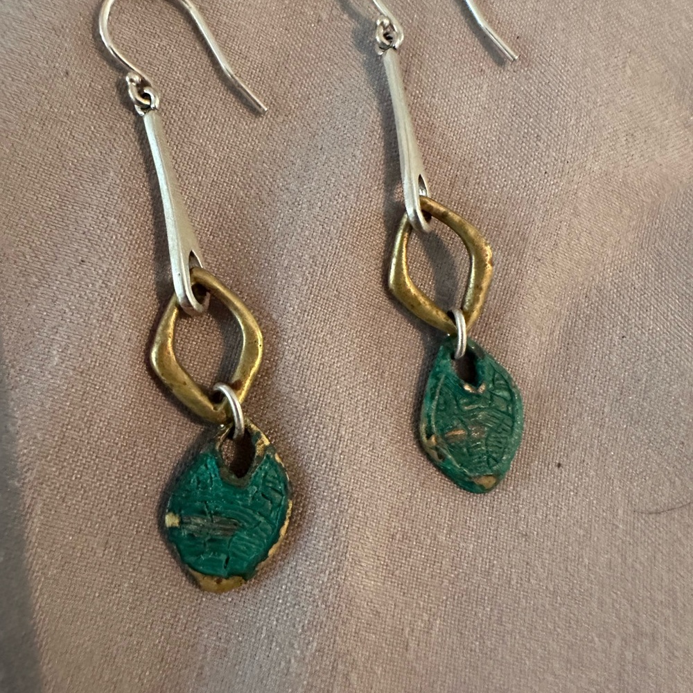 Silpada Green and Gold Dangle Earrings with Asymmetric Design